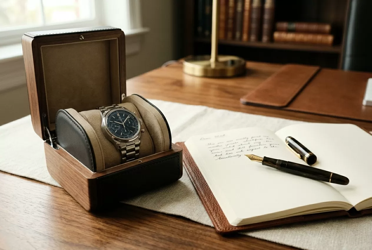 A dealer drafting a deal — open watch case beside a leather notebook