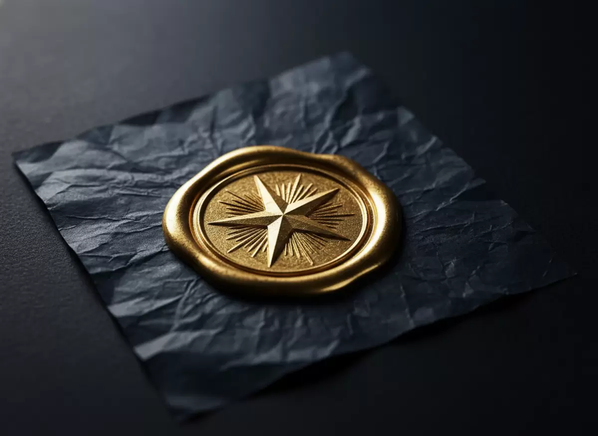 Gold wax seal embossed with a star — symbolic Founders Package mark