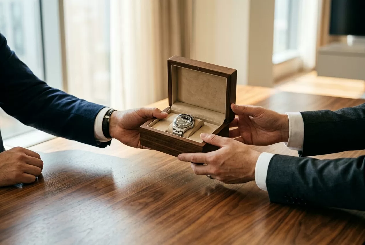 Two dealers exchanging a watch case across a desk