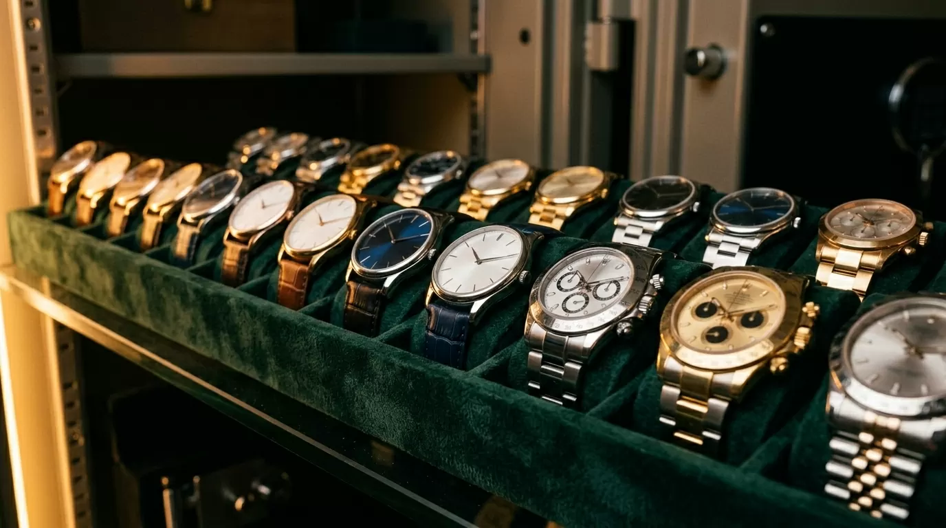 A row of luxury watches in a jeweler's safe